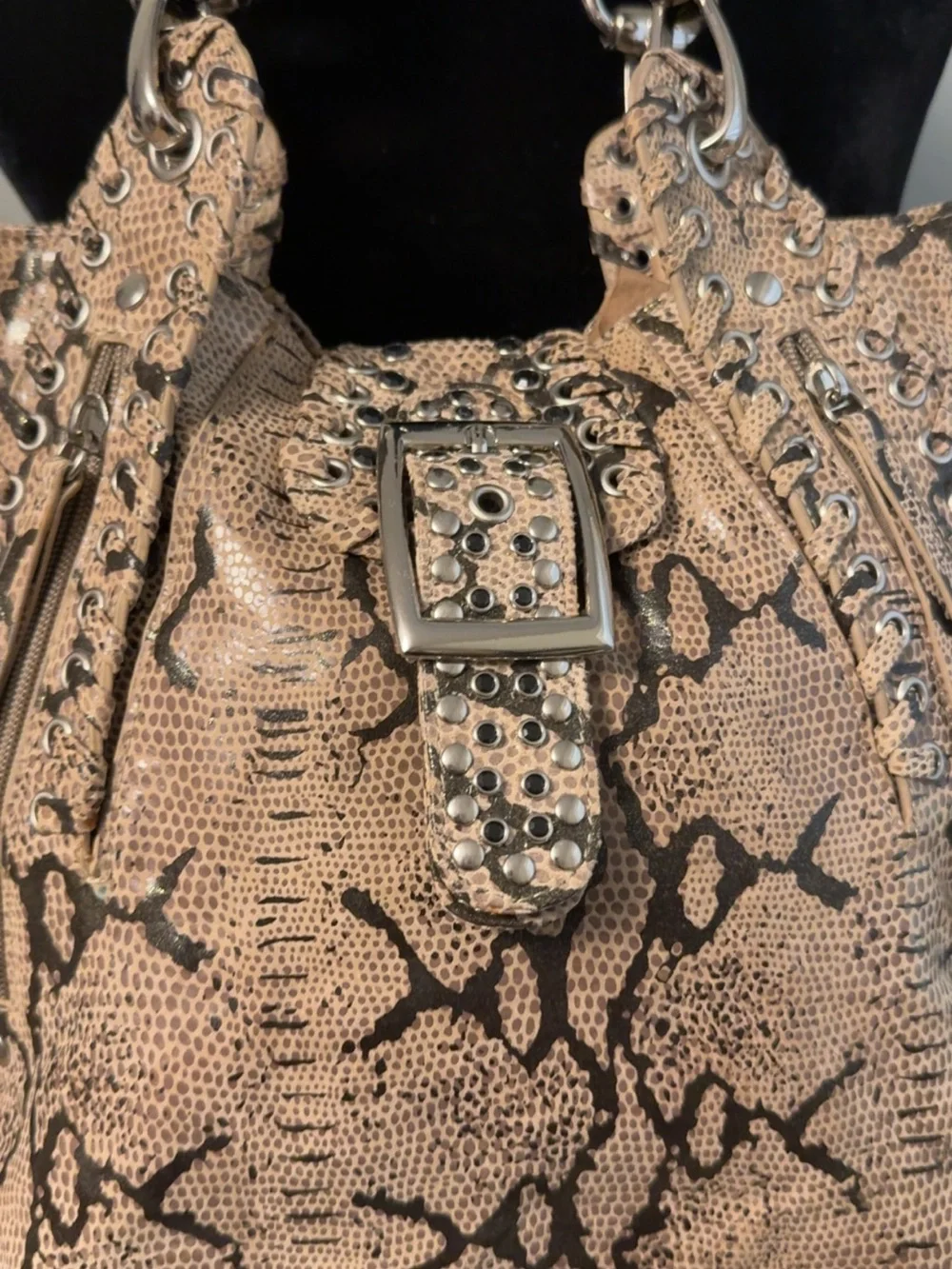 Snake-Print Studded Shoulder Bag in Taupe - Picture 5 of 6